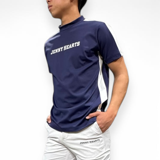＼新発売／Mens Golf Wear ゴルフウェア メンズ モックネック 半袖 ネイビー ツートンカラー 春 UVカット 速乾 伸縮性 おしゃれ