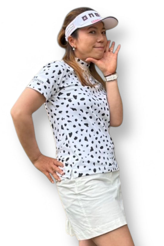 Ladies Animal Mock Neck Leopard レディースゴルフウェア アニマル モックネック 夏 半袖 レオパード 豹柄 伸縮性高い 肌触り柔らか 速乾 UVカット ホワイト おしゃれ 可愛い ゴルフ女子 おすすめ プレゼント