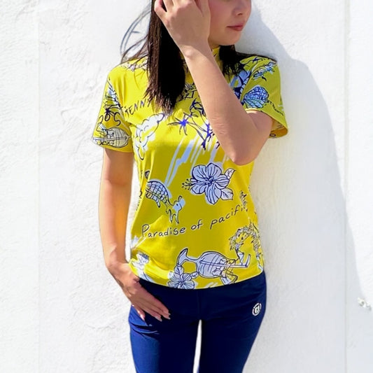 ＼新発売／Ladies Mock Neck Hawaiian Yellow  レディースゴルフウェア モックネック 半袖 ストレッチ 速乾 肌触りなめらか UVカット おしゃれ 可愛い 春夏