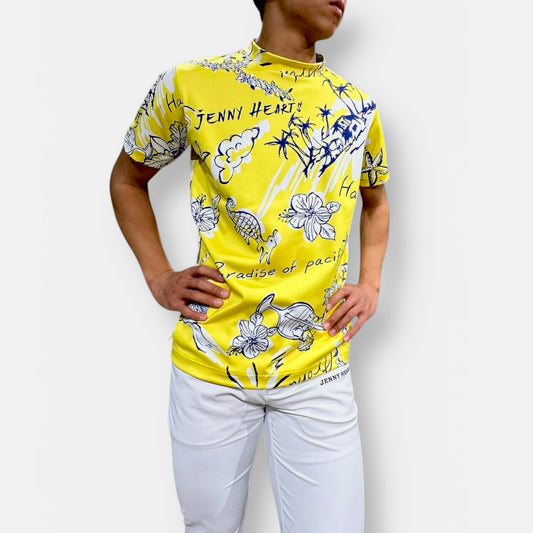 ＼新発売／Mens Mock Neck Hawaiian Yellow メンズゴルフウェア モックネック 半袖 ストレッチ 速乾 肌触りなめらか UVカット おしゃれ 可愛い 春夏