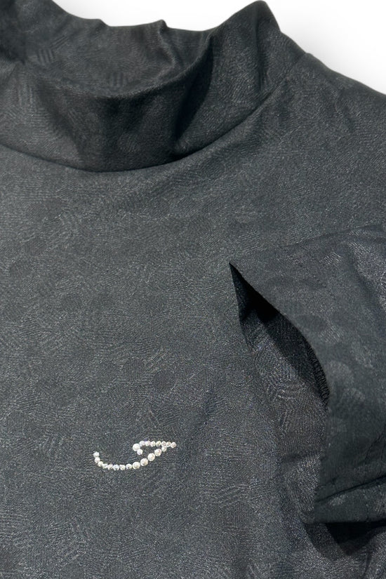 Junior Unisex Rhinestone Mock Neck ゴルフウェア モックネック 夏 半袖 ラインストン 水玉エンボス加工 伸縮性 速乾性 UVカット 消臭 黒 高級感 日本製