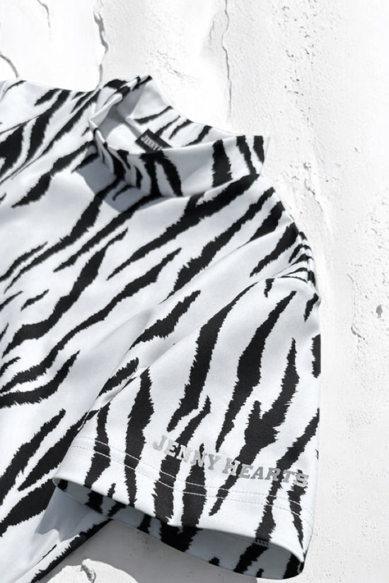 Ladies Animal Mock Neck Zebra レディースゴルフウェア アニマル モックネック ゼブラ 半袖 春夏 高ストレッチ 肌触り柔らか 速乾 UVカット レディース ホワイト アニマル柄 オシャレ 可愛い ゴルフ女子 おすすめ プレゼント