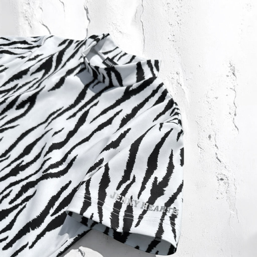 Ladies Animal Mock Neck Zebra レディースゴルフウェア アニマル モックネック ゼブラ 半袖 春夏 高ストレッチ 肌触り柔らか 速乾 UVカット レディース ホワイト アニマル柄 オシャレ 可愛い ゴルフ女子 おすすめ プレゼント