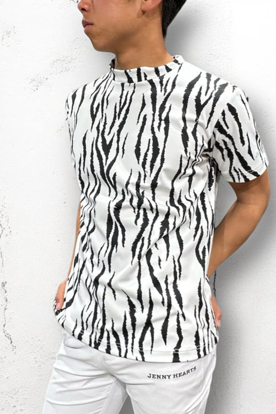 Mens Animal Mock Neck Zebra メンズゴルフウェア アニマル モックネック ゼブラ 半袖 春夏 高ストレッチ 肌触り柔らか 速乾メンズ ホワイト アニマル柄 おしゃれ おすすめ プレゼント