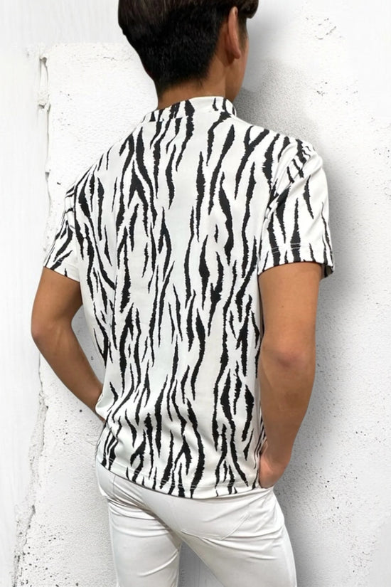 Mens Animal Mock Neck Zebra メンズゴルフウェア アニマル モックネック ゼブラ 半袖 春夏 高ストレッチ 肌触り柔らか 速乾メンズ ホワイト アニマル柄 おしゃれ おすすめ プレゼント