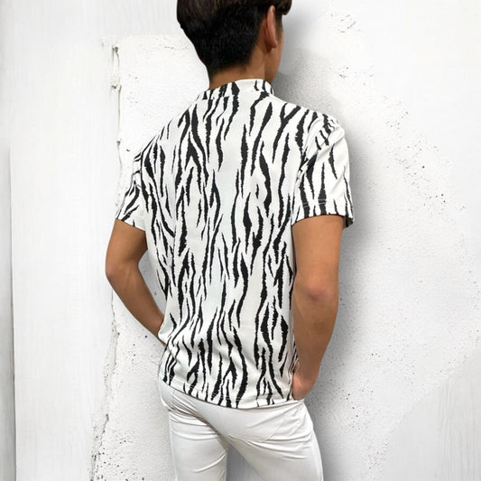 Men's Animal Mock Neck Zebra Golf Apparel, Short Sleeve, Highly Stretch, Soft to the Touch, Quick-Drying, White, Animal Print, Perfect for Spring and Summer. A Stylish Gift.