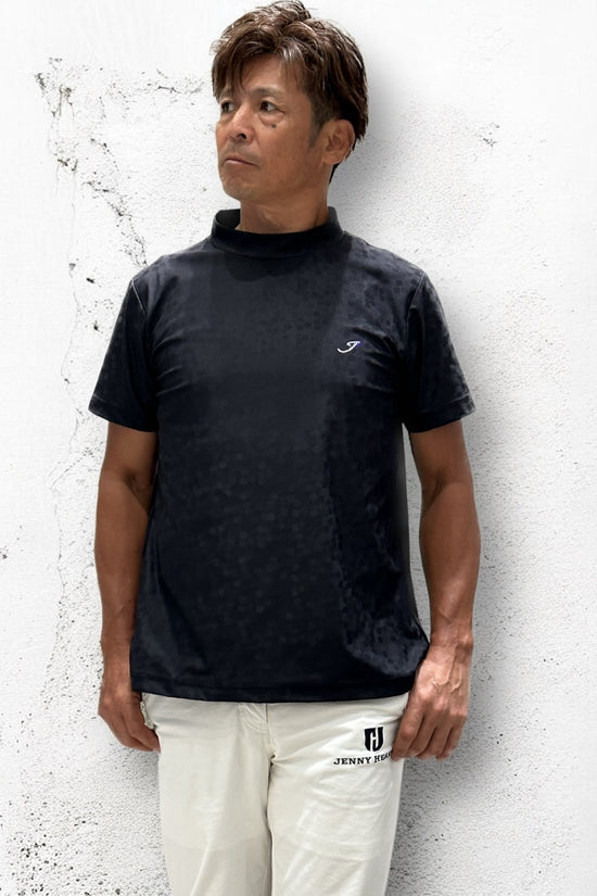 Unisex Mock Neck Rhinestorn ゴルフウェア メンズ 夏 モックネック 半袖 ラインストーン 水玉エンボス加工 伸縮性 速乾性 UVカット 消臭 黒 高級感 日本製