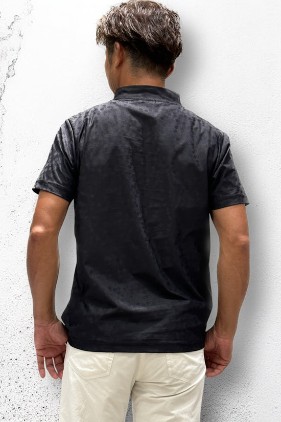 Unisex Mock Neck Rhinestorn ゴルフウェア メンズ 夏 モックネック 半袖 ラインストーン 水玉エンボス加工 伸縮性 速乾性 UVカット 消臭 黒 高級感 日本製