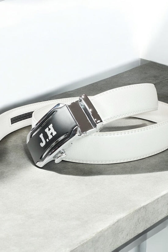 Mens Golf Belt ゴルフウェア メンズ ベルト 本革 レザー 白 自動バックル 穴なし スライド 幅3.5cm  長さ125cm