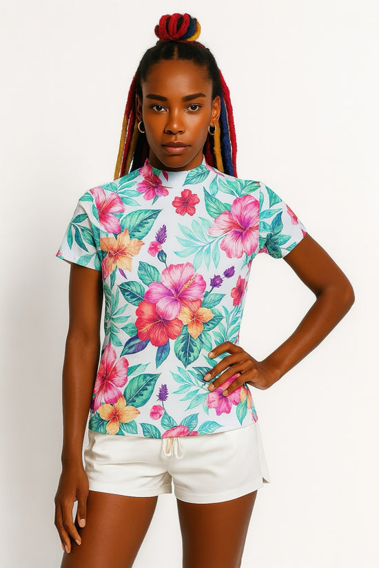 Ladies Mock Neck Hawaiian Hibiscus レディースゴルフウェア 夏 モックネック 半袖 ストレッチ 速乾 肌触りなめらか UVカット おしゃれ 可愛い ハワイアン ハイビスカス