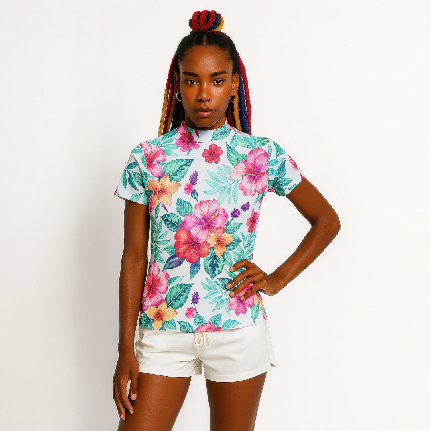 Ladies Mock Neck Hawaiian Hibiscus レディースゴルフウェア 夏 モックネック 半袖 ストレッチ 速乾 肌触りなめらか UVカット おしゃれ 可愛い ハワイアン ハイビスカス