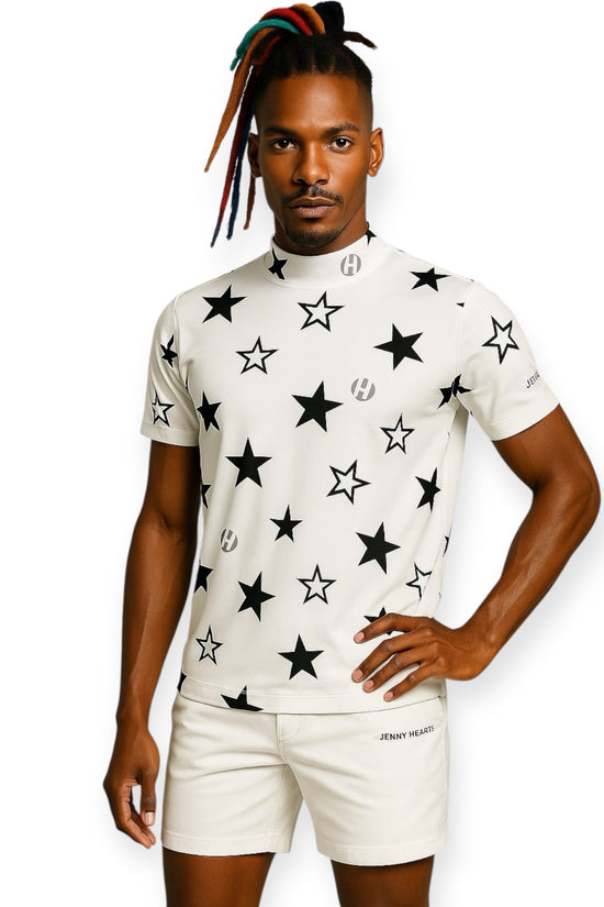 Mens Mock Neck Twinkle Star メンズゴルフウェア 夏 モックネック 半袖 ストレッチ 速乾 肌触りなめらか UVカット 星柄 おしゃれ 可愛い