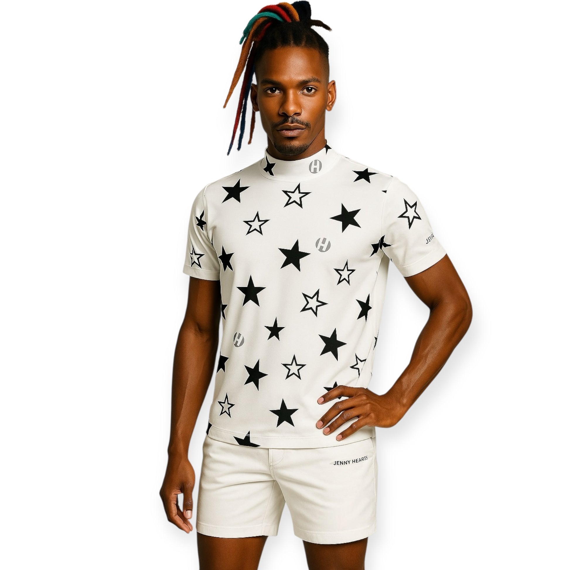 Mens Mock Neck Twinkle Star メンズゴルフウェア 夏 モックネック 半袖 ストレッチ 速乾 肌触りなめらか UVカット 星柄 おしゃれ 可愛い