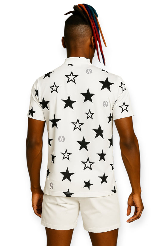 Mens Mock Neck Twinkle Star メンズゴルフウェア 夏 モックネック 半袖 ストレッチ 速乾 肌触りなめらか UVカット 星柄 おしゃれ 可愛い
