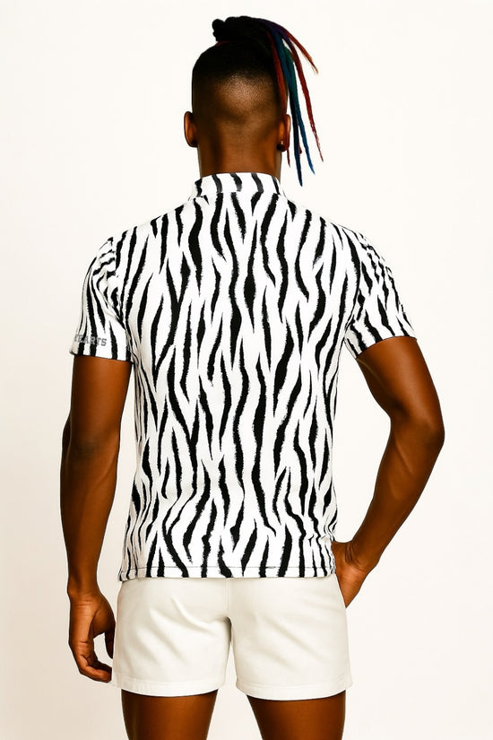 Mens Animal Mock Neck Zebra メンズゴルフウェア アニマル モックネック ゼブラ 半袖 春夏 高ストレッチ 肌触り柔らか 速乾メンズ ホワイト アニマル柄 おしゃれ おすすめ プレゼント