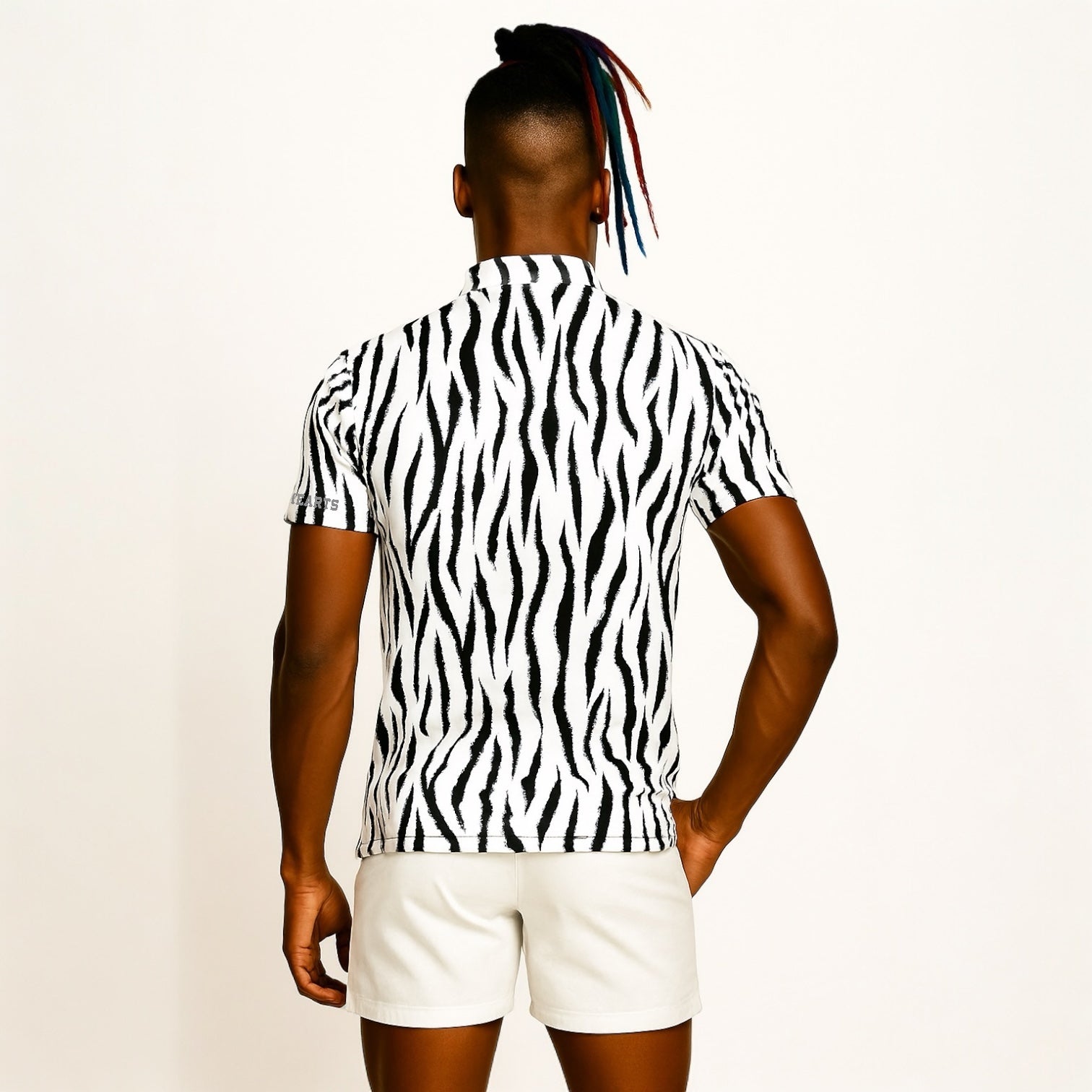 Mens Animal Mock Neck Zebra メンズゴルフウェア アニマル モックネック ゼブラ 半袖 春夏 高ストレッチ 肌触り柔らか 速乾メンズ ホワイト アニマル柄 おしゃれ おすすめ プレゼント