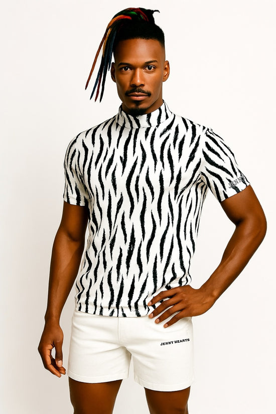 Mens Animal Mock Neck Zebra メンズゴルフウェア アニマル モックネック ゼブラ 半袖 春夏 高ストレッチ 肌触り柔らか 速乾メンズ ホワイト アニマル柄 おしゃれ おすすめ プレゼント