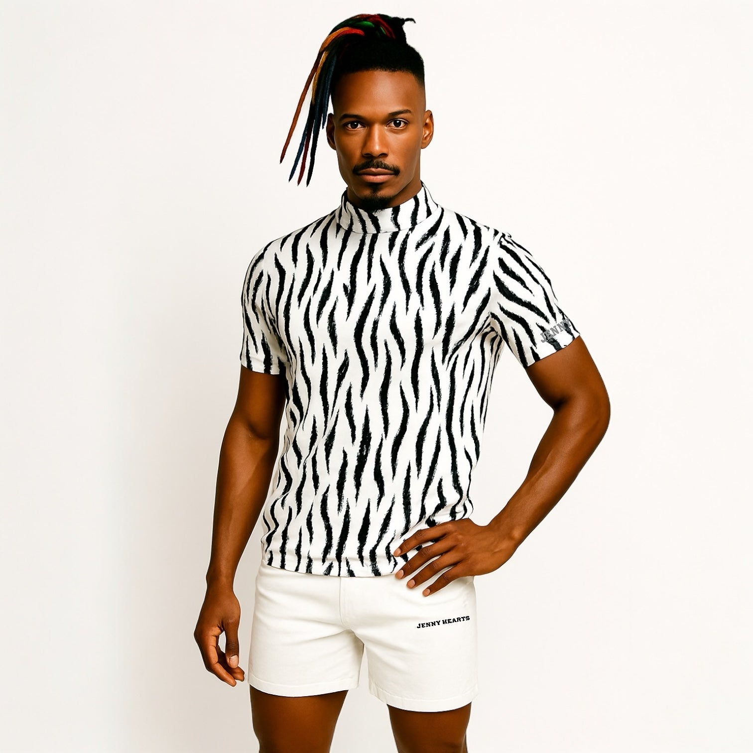 Mens Animal Mock Neck Zebra メンズゴルフウェア アニマル モックネック ゼブラ 半袖 春夏 高ストレッチ 肌触り柔らか 速乾メンズ ホワイト アニマル柄 おしゃれ おすすめ プレゼント