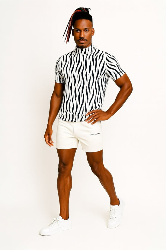 Mens Animal Mock Neck Zebra メンズゴルフウェア アニマル モックネック ゼブラ 半袖 春夏 高ストレッチ 肌触り柔らか 速乾メンズ ホワイト アニマル柄 おしゃれ おすすめ プレゼント