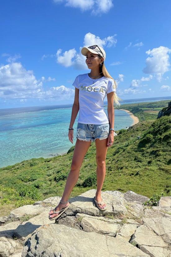 Ladies Moca California Logo T-Shirt White ストレッチ 優しい肌触り 吸水速乾