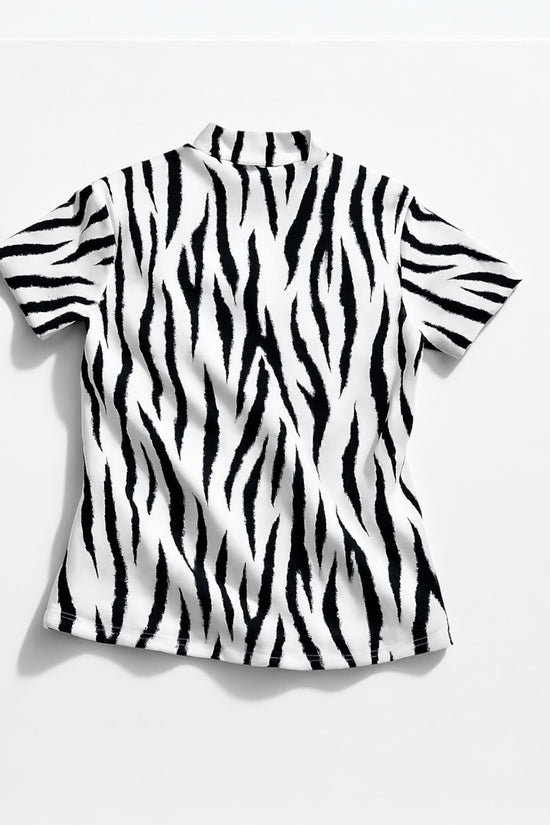 Ladies Animal Mock Neck Zebra レディースゴルフウェア アニマル モックネック ゼブラ 半袖 春夏 高ストレッチ 肌触り柔らか 速乾 UVカット レディース ホワイト アニマル柄 オシャレ 可愛い ゴルフ女子 おすすめ プレゼント