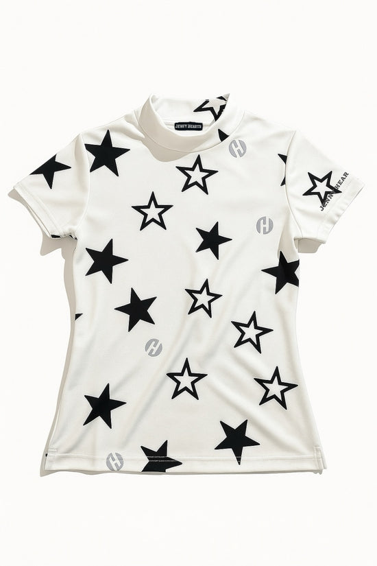 Ladies Mock Neck Twinkle Star レディースゴルフウェア 夏 モックネック 半袖 ストレッチ 速乾 肌触りなめらか UVカット 星柄 おしゃれ 可愛い
