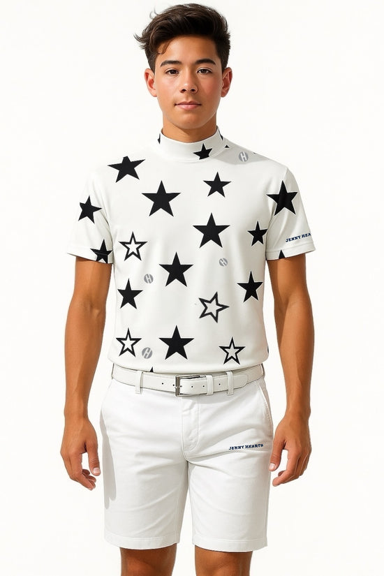 Mens Mock Neck Twinkle Star メンズゴルフウェア 夏 モックネック 半袖 ストレッチ 速乾 肌触りなめらか UVカット 星柄 おしゃれ 可愛い