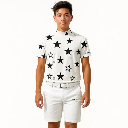 Mens Mock Neck Twinkle Star メンズゴルフウェア 夏 モックネック 半袖 ストレッチ 速乾 肌触りなめらか UVカット 星柄 おしゃれ 可愛い