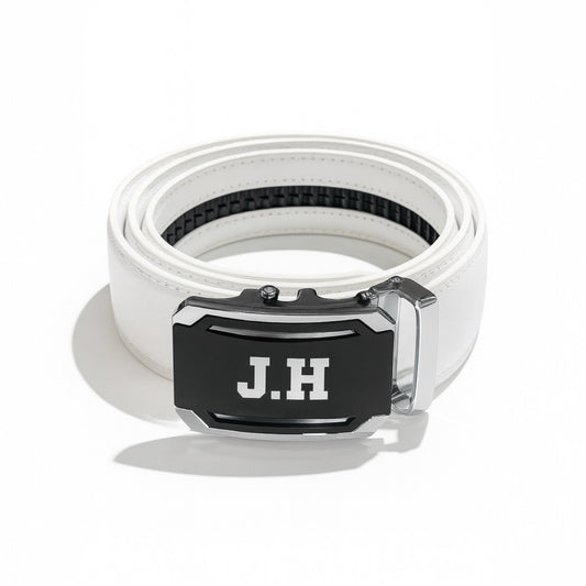 Mens Golf Belt ゴルフウェア メンズ ベルト 本革 レザー 白 自動バックル 穴なし スライド 幅3.5cm  長さ125cm