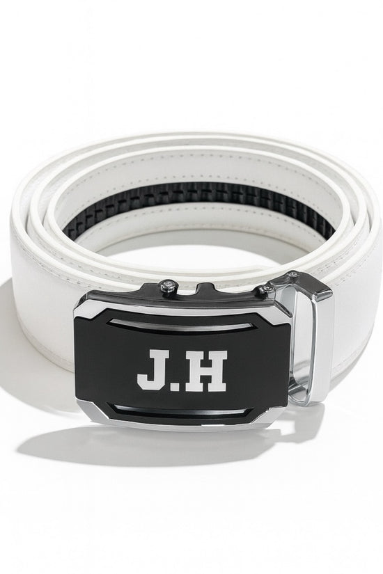 Mens Golf Belt ゴルフウェア メンズ ベルト 本革 レザー 白 自動バックル 穴なし スライド 幅3.5cm  長さ125cm