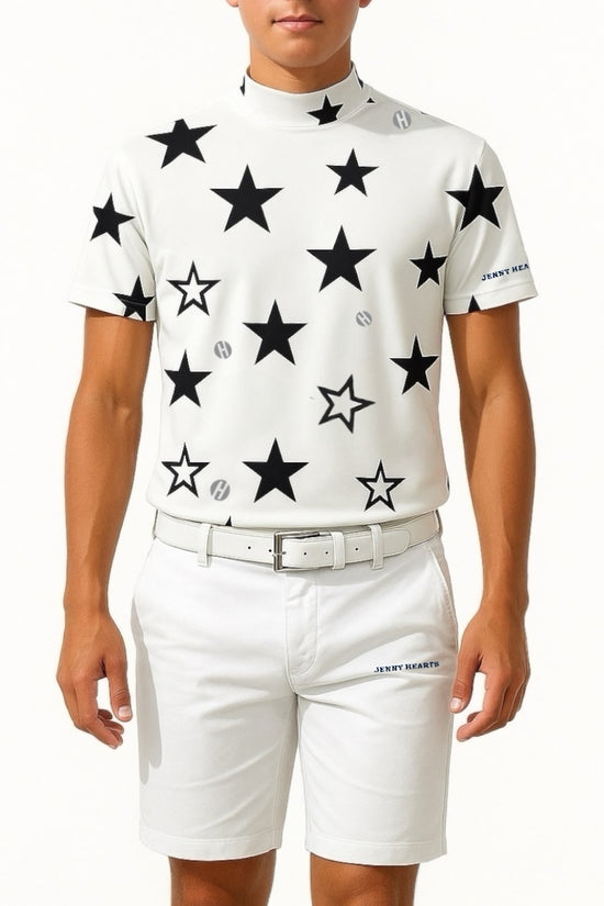 Mens Mock Neck Twinkle Star メンズゴルフウェア 夏 モックネック 半袖 ストレッチ 速乾 肌触りなめらか UVカット 星柄 おしゃれ 可愛い