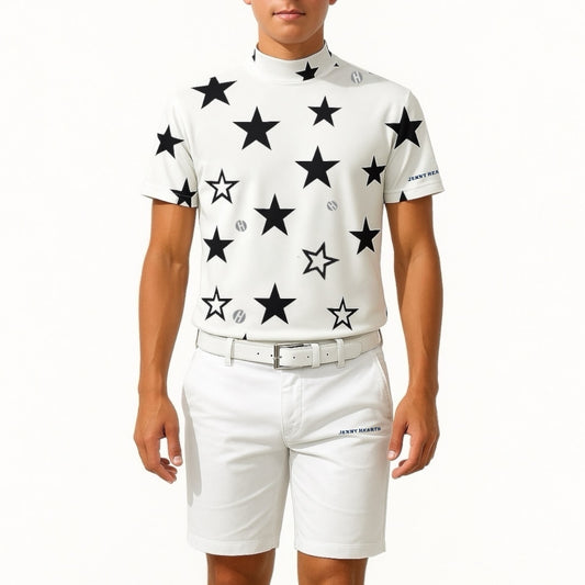 Mens Mock Neck Twinkle Star メンズゴルフウェア 夏 モックネック 半袖 ストレッチ 速乾 肌触りなめらか UVカット 星柄 おしゃれ 可愛い