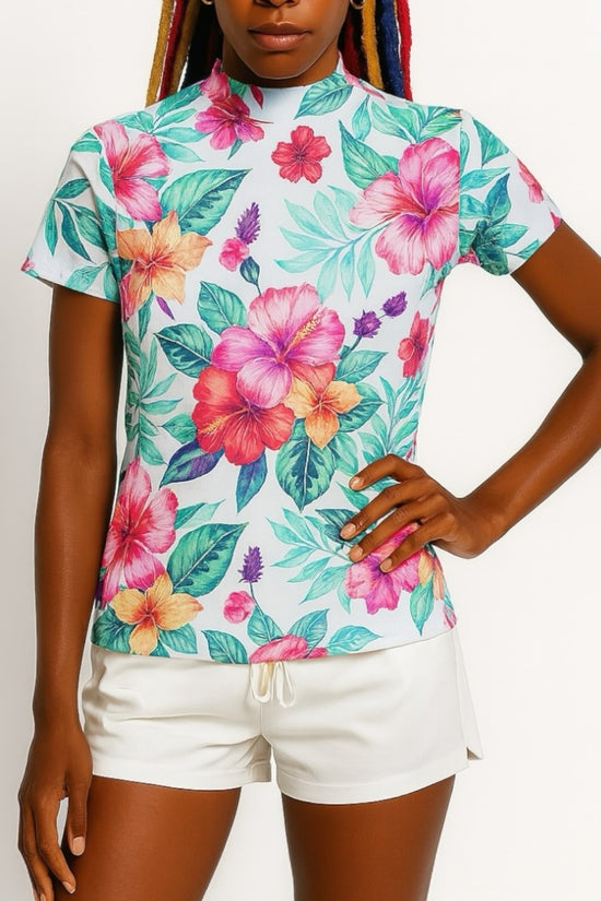 Ladies Mock Neck Hawaiian Hibiscus レディースゴルフウェア 夏 モックネック 半袖 ストレッチ 速乾 肌触りなめらか UVカット おしゃれ 可愛い ハワイアン ハイビスカス