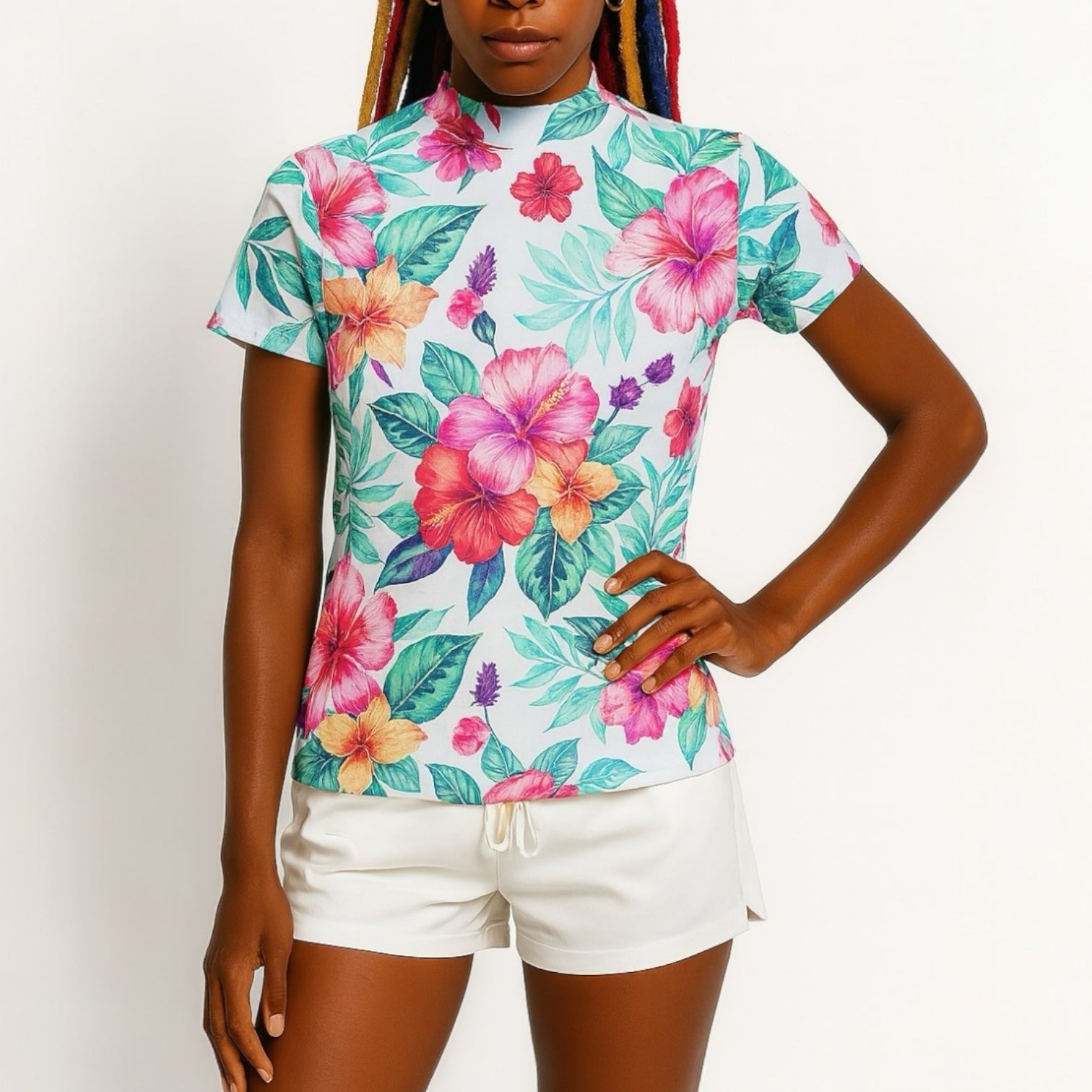 Ladies Mock Neck Hawaiian Hibiscus レディースゴルフウェア 夏 モックネック 半袖 ストレッチ 速乾 肌触りなめらか UVカット おしゃれ 可愛い ハワイアン ハイビスカス