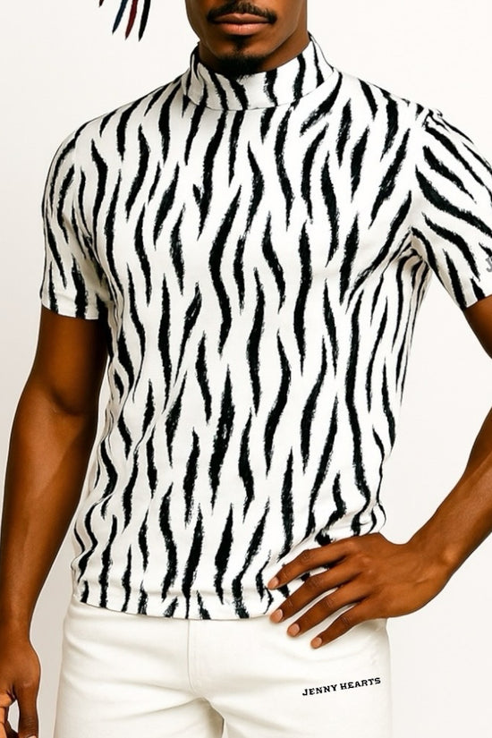 Mens Animal Mock Neck Zebra メンズゴルフウェア アニマル モックネック ゼブラ 半袖 春夏 高ストレッチ 肌触り柔らか 速乾メンズ ホワイト アニマル柄 おしゃれ おすすめ プレゼント