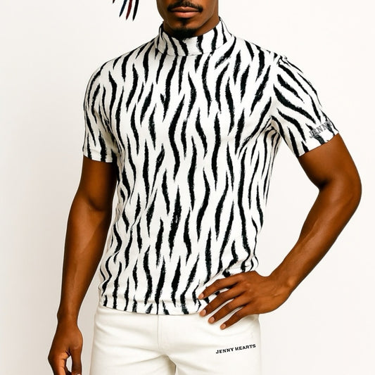 Mens Animal Mock Neck Zebra メンズゴルフウェア アニマル モックネック ゼブラ 半袖 春夏 高ストレッチ 肌触り柔らか 速乾メンズ ホワイト アニマル柄 おしゃれ おすすめ プレゼント