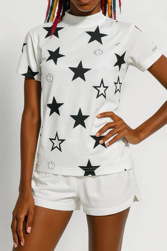 Ladies Mock Neck Twinkle Star レディースゴルフウェア 夏 モックネック 半袖 ストレッチ 速乾 肌触りなめらか UVカット 星柄 おしゃれ 可愛い