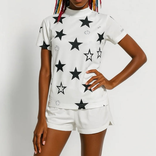 Ladies Mock Neck Twinkle Star レディースゴルフウェア 夏 モックネック 半袖 ストレッチ 速乾 肌触りなめらか UVカット 星柄 おしゃれ 可愛い