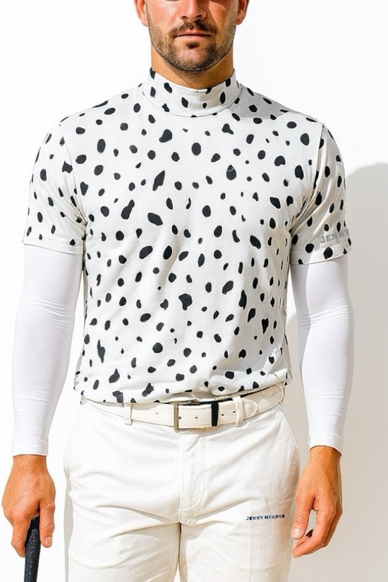 Mens Animal Mock Neck Leopard メンズゴルフウェア アニマル モックネック 夏 半袖 レオパード 豹柄  肌触り柔らか 伸縮性高い 速乾 メンズ ホワイト アニマル柄 おしゃれ おすすめ ゴルフ場で映える プレゼント