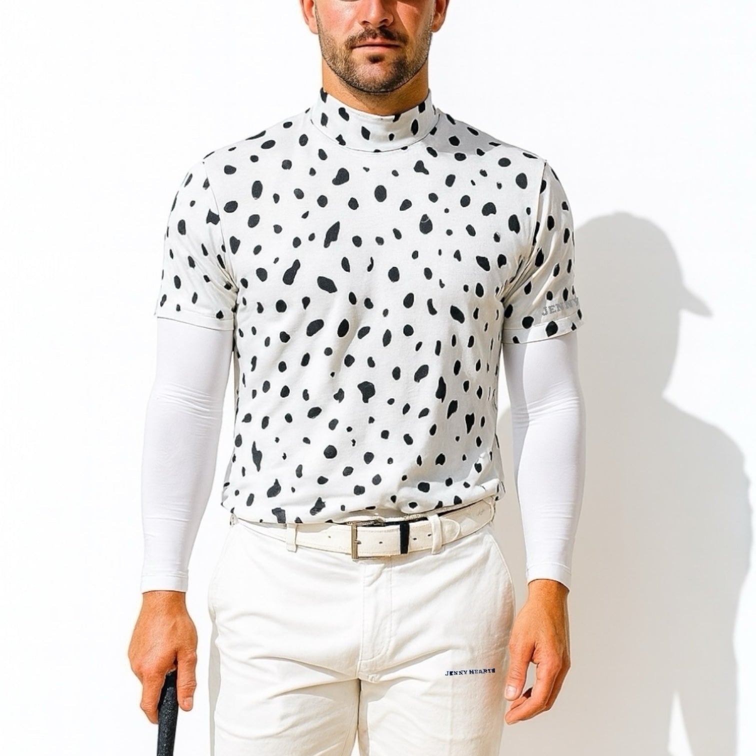 Mens Animal Mock Neck Leopard メンズゴルフウェア アニマル モックネック 夏 半袖 レオパード 豹柄  肌触り柔らか 伸縮性高い 速乾 メンズ ホワイト アニマル柄 おしゃれ おすすめ ゴルフ場で映える プレゼント