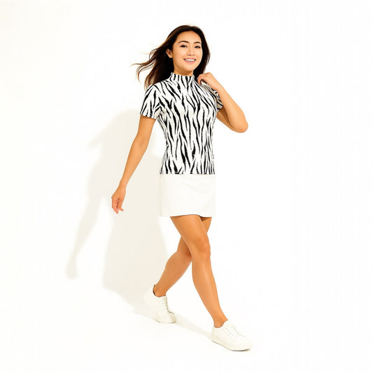 Ladies Animal Mock Neck Zebra レディースゴルフウェア アニマル モックネック ゼブラ 半袖 春夏 高ストレッチ 肌触り柔らか 速乾 UVカット レディース ホワイト アニマル柄 オシャレ 可愛い ゴルフ女子 おすすめ プレゼント