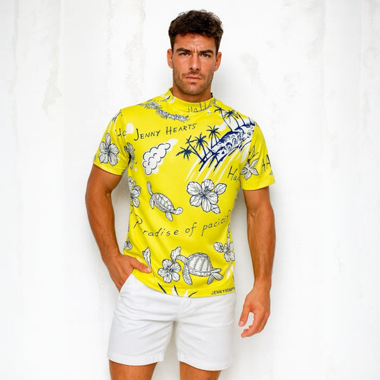 Men's Mock Neck Hawaiian Yellow Golf Apparel for Summer. Mock neck, short sleeves, stretchy, quick-drying, smooth to the touch, UV protection, stylish and cute.