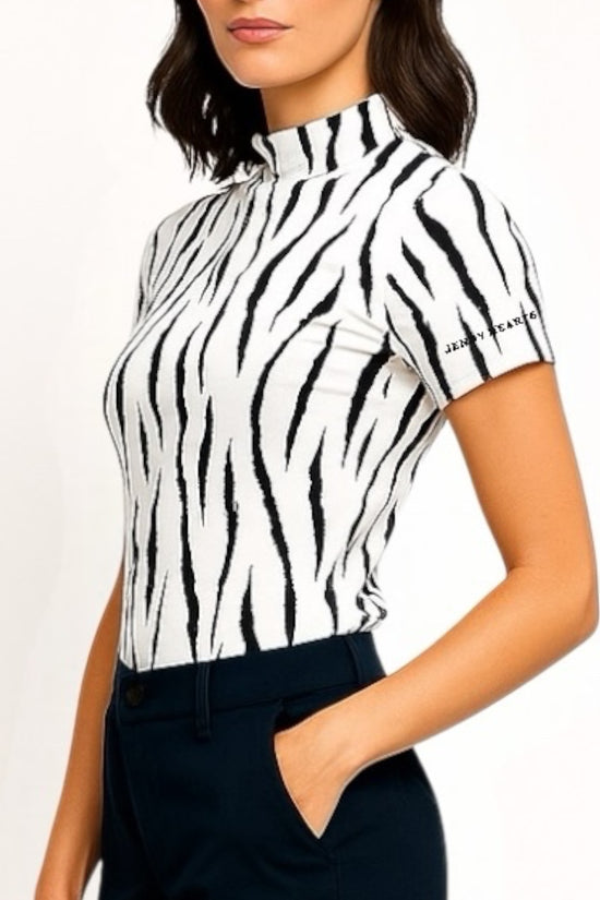 Ladies Animal Mock Neck Zebra レディースゴルフウェア アニマル モックネック ゼブラ 半袖 春夏 高ストレッチ 肌触り柔らか 速乾 UVカット レディース ホワイト アニマル柄 オシャレ 可愛い ゴルフ女子 おすすめ プレゼント