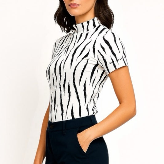 Ladies Animal Mock Neck Zebra レディースゴルフウェア アニマル モックネック ゼブラ 半袖 春夏 高ストレッチ 肌触り柔らか 速乾 UVカット レディース ホワイト アニマル柄 オシャレ 可愛い ゴルフ女子 おすすめ プレゼント