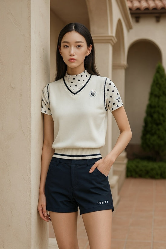 Ladies Short Pants Popcorn Knit ゴルフウェア レディース 夏秋春 ショートパンツ 短パン 超軽量 ポップコーンニット 伸びる 吸水速乾 消臭 UVカット 星柄 紺 日本製
