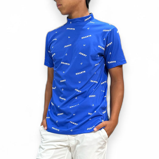Mens Smooth Mock Brand Logo  メンズゴルフウェア モックネック 半袖 接触冷感 伸縮性高い なめらか肌触り 速乾 UVカット ブルー