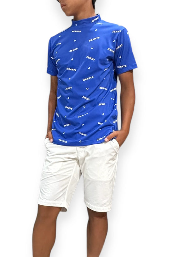 Mens Smooth Mock Brand Logo  メンズゴルフウェア モックネック 半袖 接触冷感 伸縮性高い なめらか肌触り 速乾 UVカット ブルー
