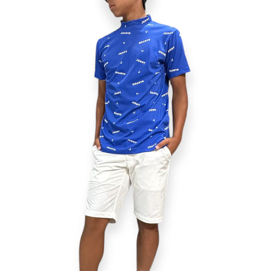 Mens Smooth Mock Brand Logo  メンズゴルフウェア モックネック 半袖 接触冷感 伸縮性高い なめらか肌触り 速乾 UVカット ブルー