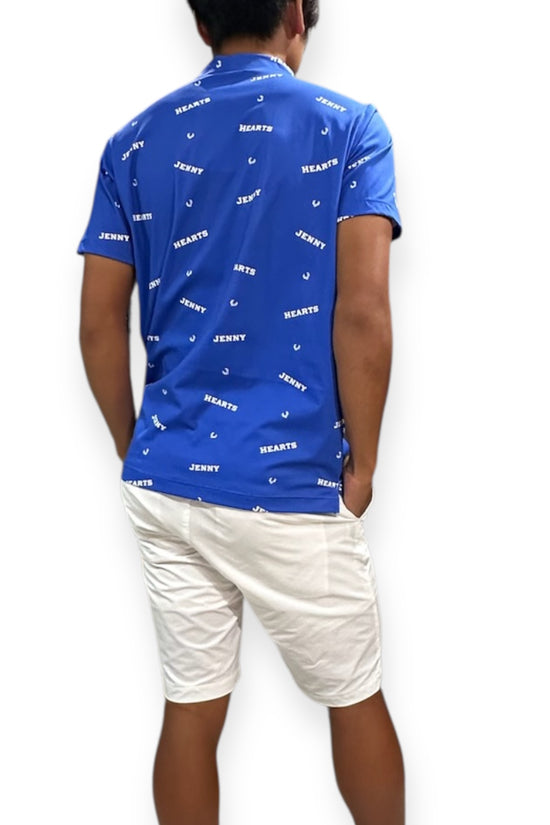 Mens Smooth Mock Brand Logo  メンズゴルフウェア モックネック 半袖 接触冷感 伸縮性高い なめらか肌触り 速乾 UVカット ブルー