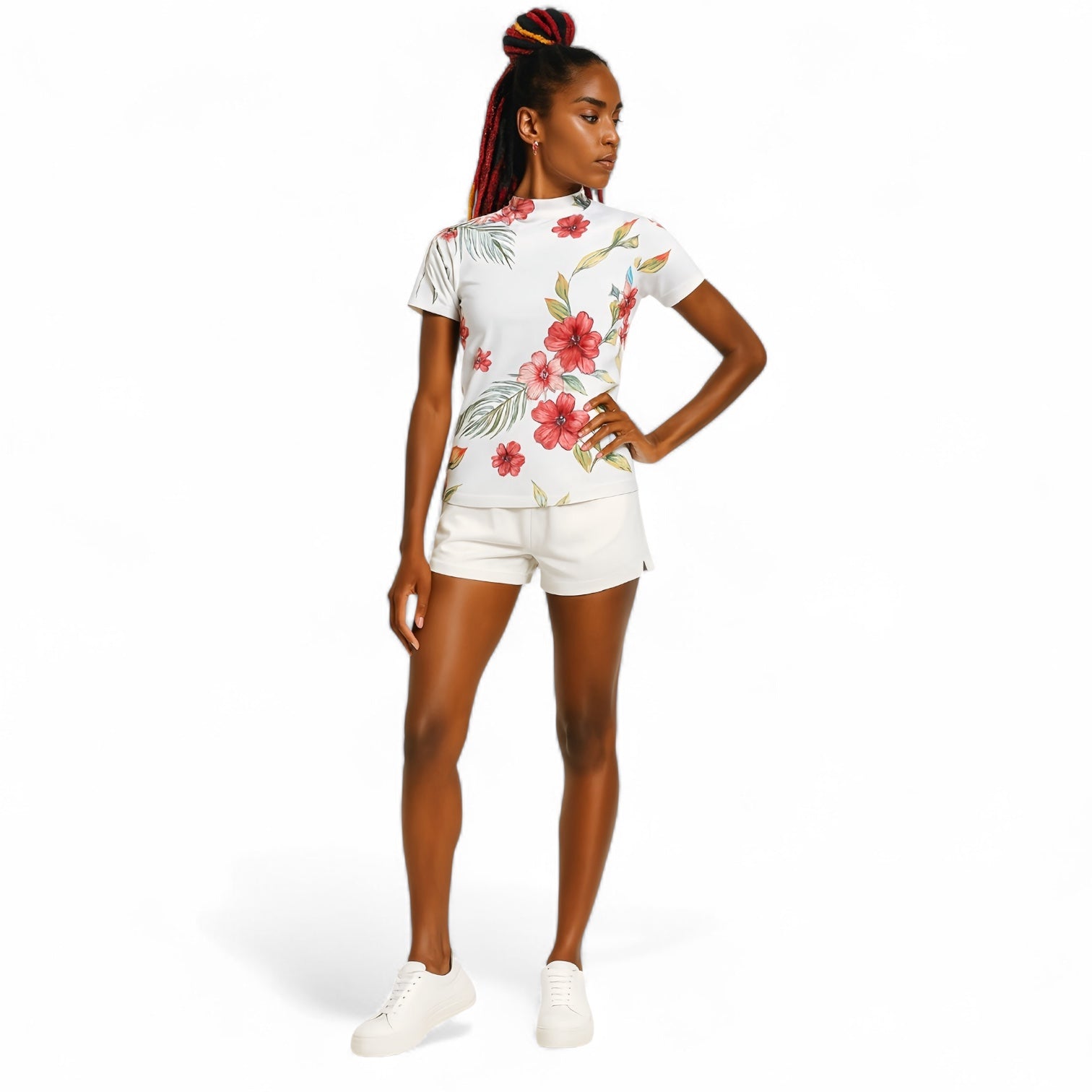Women's Mock Neck Hawaiian Flower Golf Wear for Summer, Mock Neck, Short Sleeves, Stretch, Quick-Drying, Smooth to the Touch, UV Protection, Stylish, Cute Hawaiian Flower Design